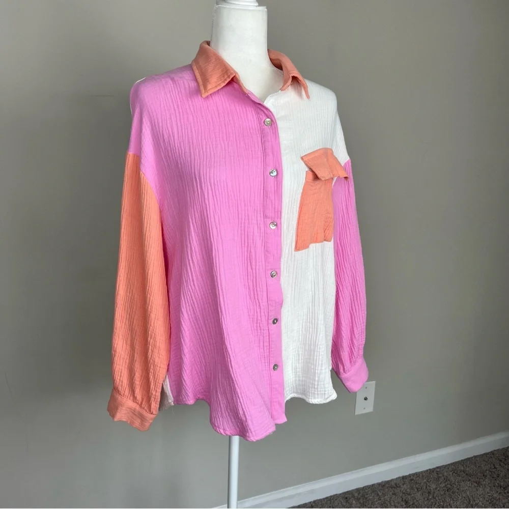 ENTRO COLOR BLOCK BUTTON UP COLLARED COTTON GAUZY TOP SIZE SMALL - Picture 14 of 15